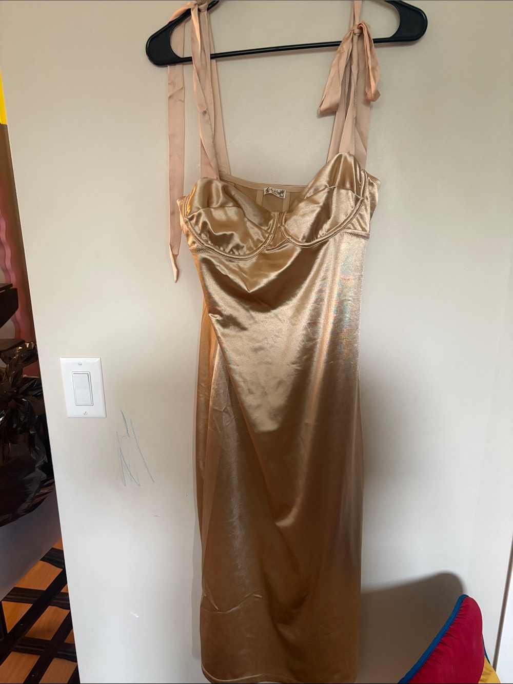 Satin Tie-Strap Midi Dress in Champagne Gold